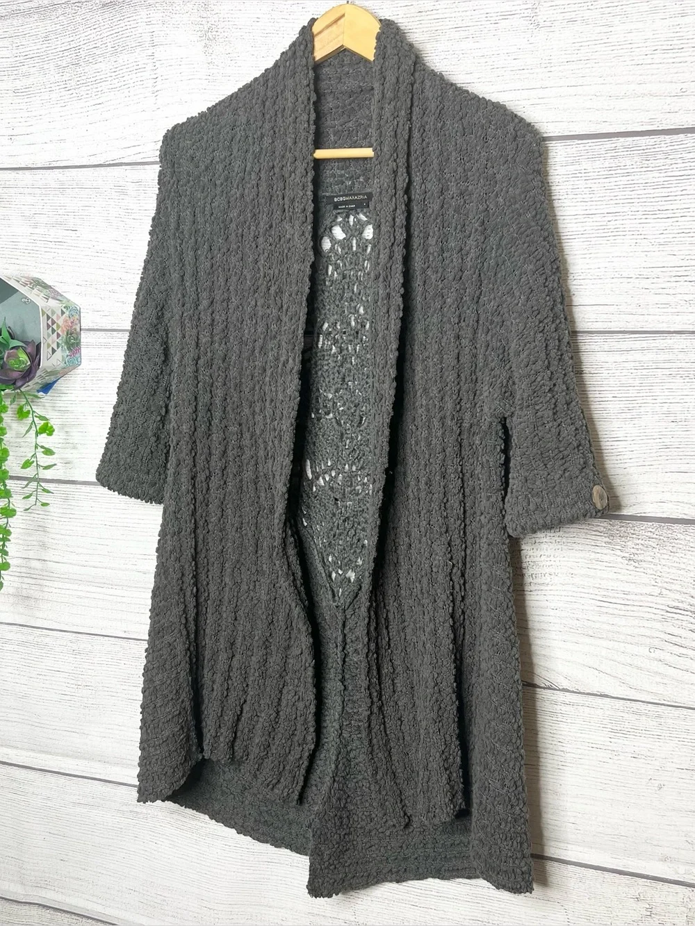 BCBGMaxAzria Charcoal Gray Textured Boho Crochet Back Cardigan Size Small